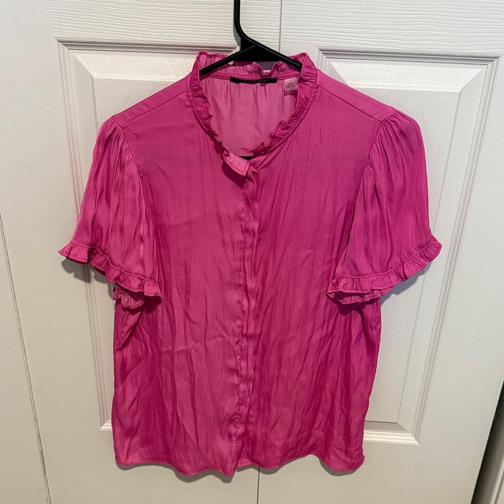 Tahari Fuchsia Ruffle-Trim Short Sleeve Blouse
